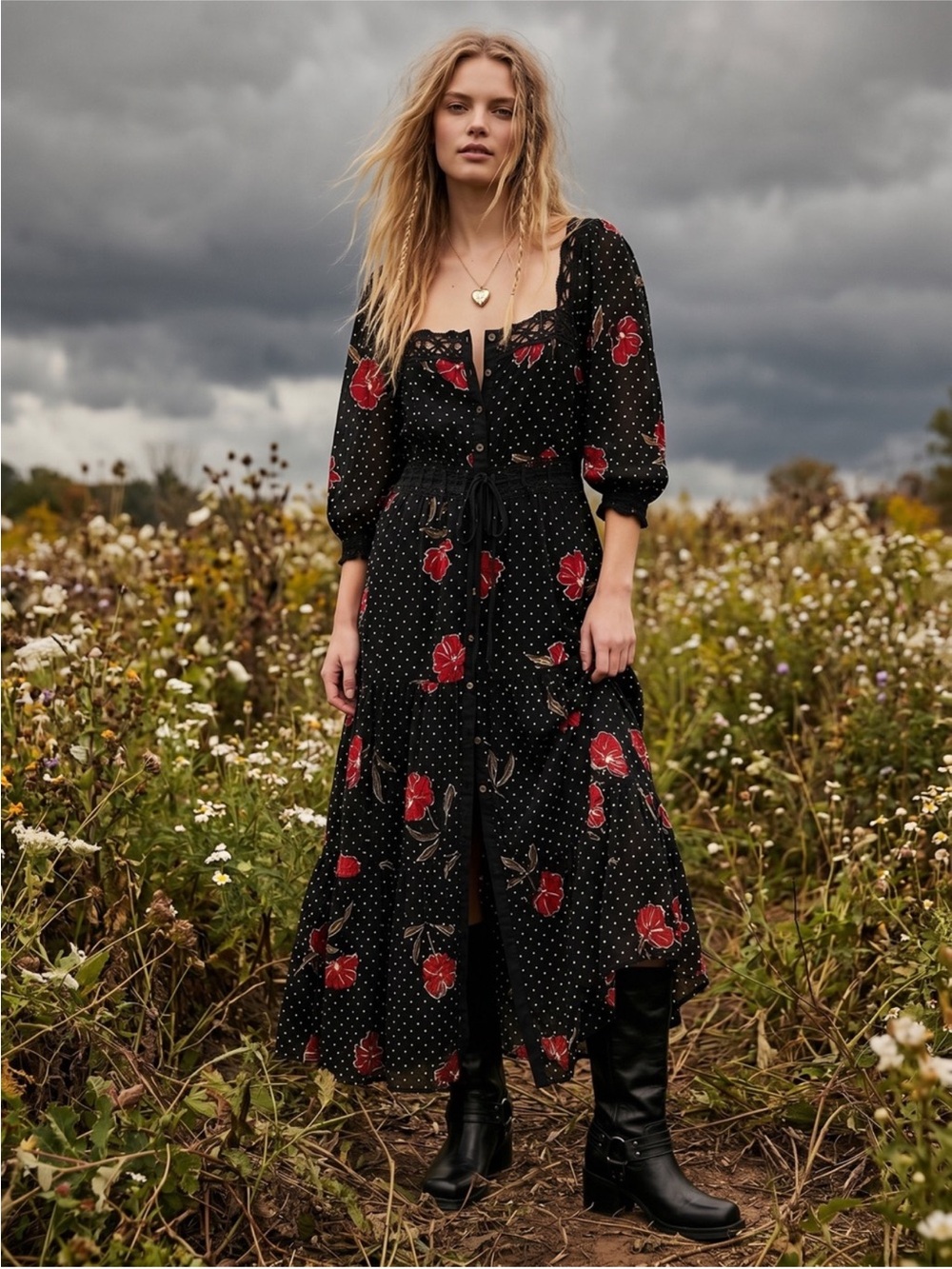 Free People Morning Meadows Floral Lace Trim Maxi Dress New! - Picture 2 of 15